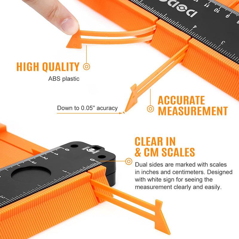 DODOWIN 10+5 Inch Contour Gauge with Lock, Dual Size Profile Duplicator Tool for Flooring, Tile, Woodworking & Irregular Shapes, Shape Outline Gauge, Father’s Day Gifts for Dad Men Husband Orange-10+5 In.