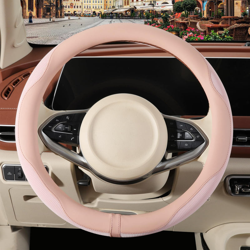 Nappa Leather Pink Steering Wheel Cover, Advanced Microfiber Leather Non-Slip Breathable Fabric, Warm in Winter and Cool in Summer, Universal 15 inch Standard Size[14.5''-15''] Round-Pink