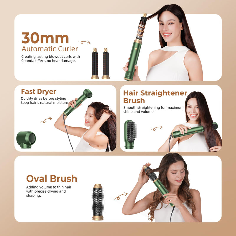 UKLISS Air Styler 5 in 1 Hair Styler Set 1000W Hot Air Styler High Speed Lonic Multi Styler Hair Dryer Brush, Auto Air Curler, Volumizer, Round Brush for Women Green