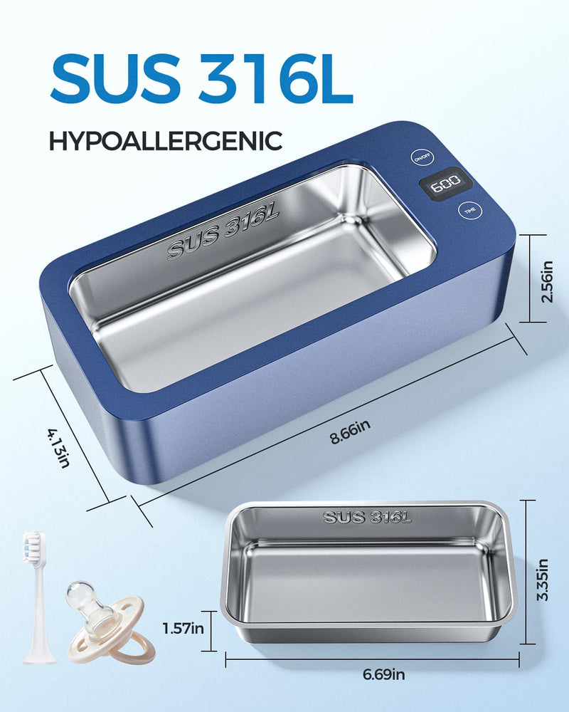 Ultrasonic Jewelry Cleaner, 50khz Professional Ultrasonic Cleaner Machine for Jewelry, Eyeglasses, Watches, Dentures,5 Time Modes,316 Stainless Steel Tank,500ml Capacity (Blue) Blue