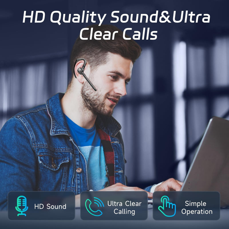 Wireless Headset Bluetooth Earpiece with Dual Noise Canceling Single Earbud | Hands Free Headphones Ear Earphone Over Ear Earbud for iPhone Samsung Android Cellphones TV PC Trucker Game Work Driving Black