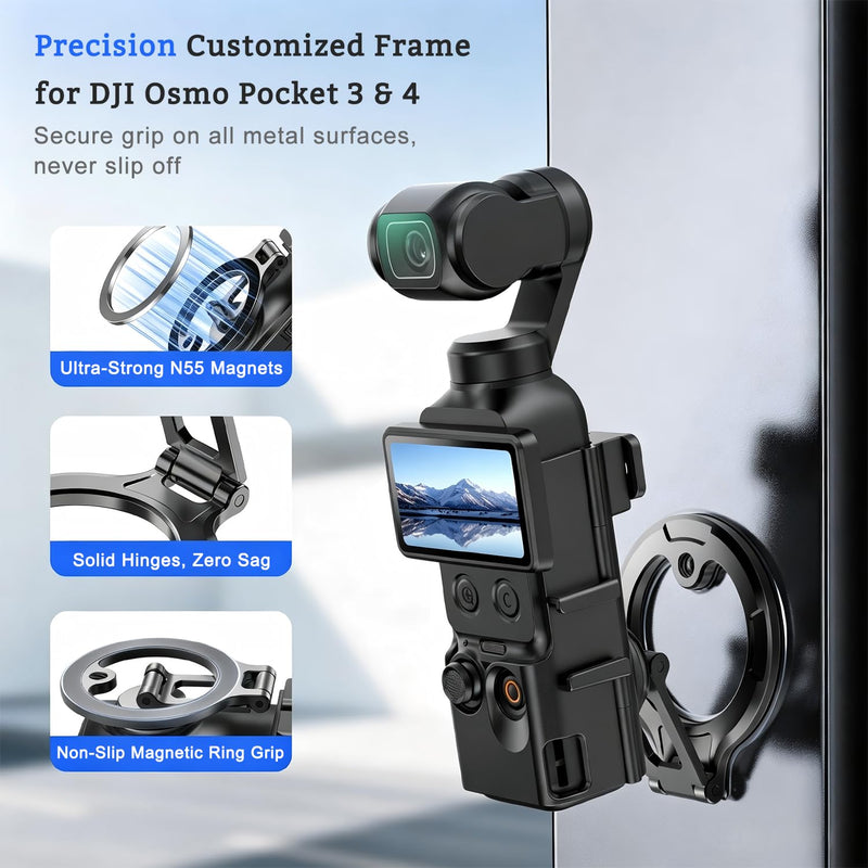 Magnetic Mount Stand for DJI Osmo Pocket 3/4/4P Accessories | Multi-Angle Adjustable Expansion Phone Bracket w 1/4 Hole & Cold Shoe/GoPro Mount, for Vlog Live Stream Outdoor Shooting