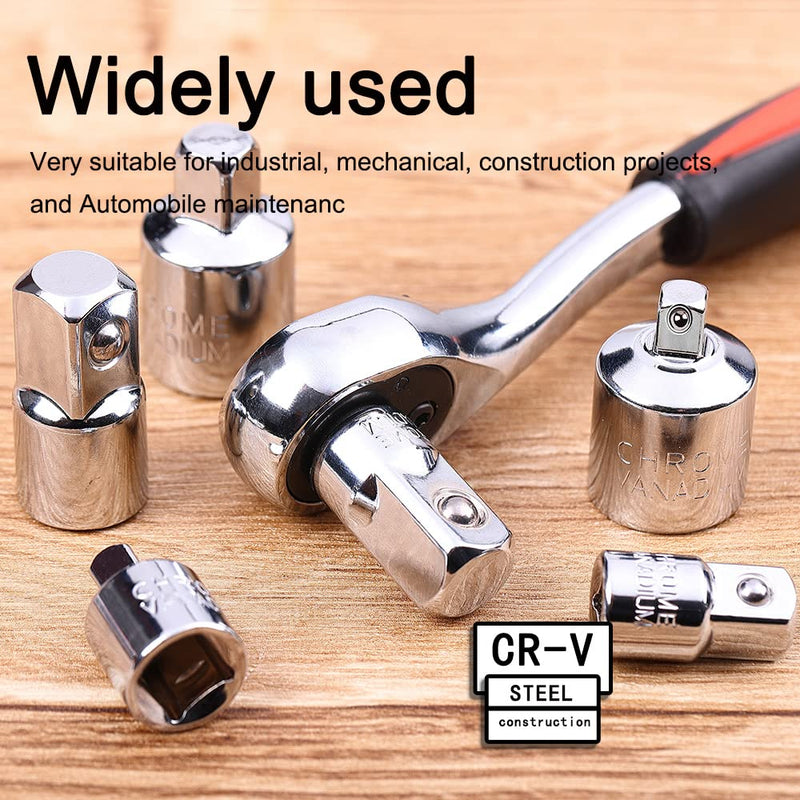 6 Piece Socket Adapter and Reducer Set, 1/4", 3/8", 1/2" Chrome Vanadium Steel Ratchet/Socket Extension/Conversion Kit for Automotive Maintenance Silver