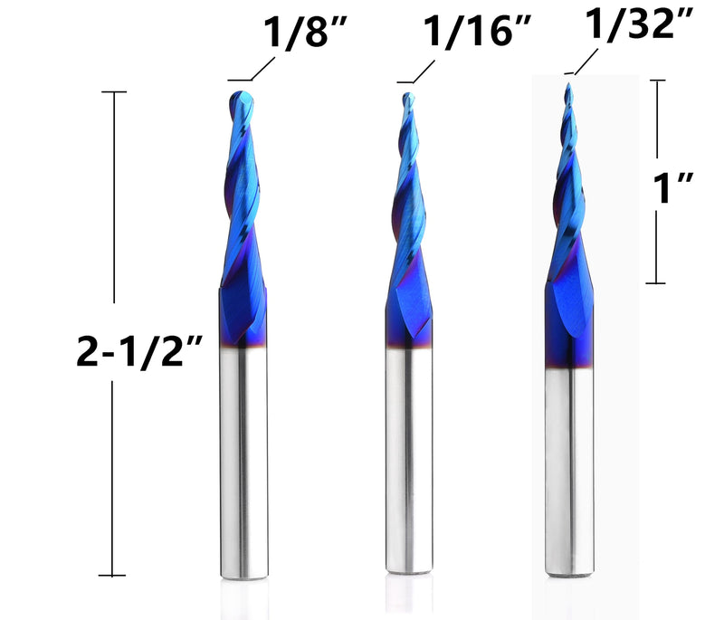 3PCS 1/8 1/16 1/32 inch Cutting Diameter Tapered Ball Nose End Mill Set Spiral CNC Router Bits Nano Coated Up Cut Solid Carbide 2D and 3D Carving 3.6 Deg 5.4Deg 6.2Deg with 1/4 Inch Shank T4660BC 1/8, 1/16 ,1/32 inch Cutting Diameter
