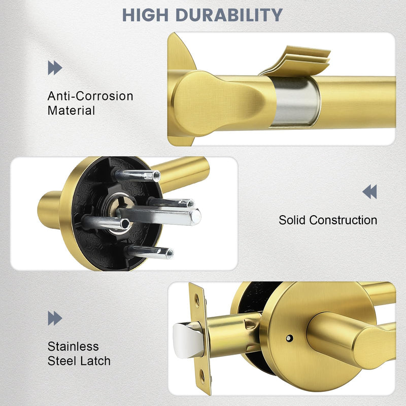 Gold Privacy Door Handles Interior Keyless Door Lever,Left & Right Hand use Door Lock for Bath and Bed,Modern Stainless Steel Privacy Door Lock,1Pack Gold 1