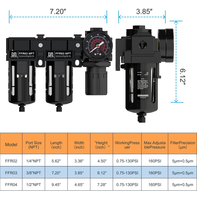 NEWPO 3/8'' NPT Air Drying System,Double Compressed Air Regulator with Metal Bracket,Air Pressure Regulator Combo 5&5 Micron Filter Cartridge