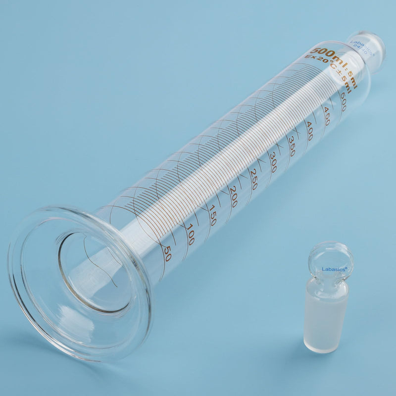 Labasics Graduated Cylinder with Stopper, 500 ml Borosilicate Glass Measuring Cylinder with 24/40 Standard Ground Joint Stopper, Durable Laboratory Glassware for Accurate Liquid Measurement