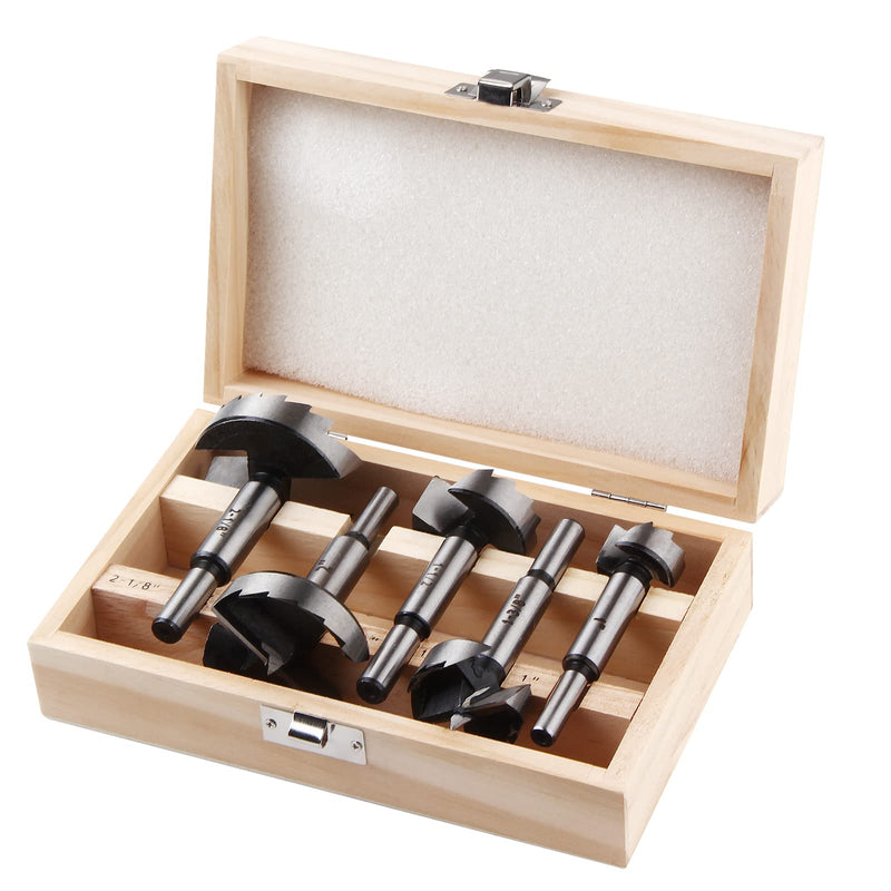 HPHOPE Forstner Bit Set 5Pcs - Forstner Bits for Wood, Wood Drilling with Round Shank, Drill Accessories, Size 1", 1-3/8", 1-1/2", 2", 2-1/8" with Storage Case 5 Pcs Set