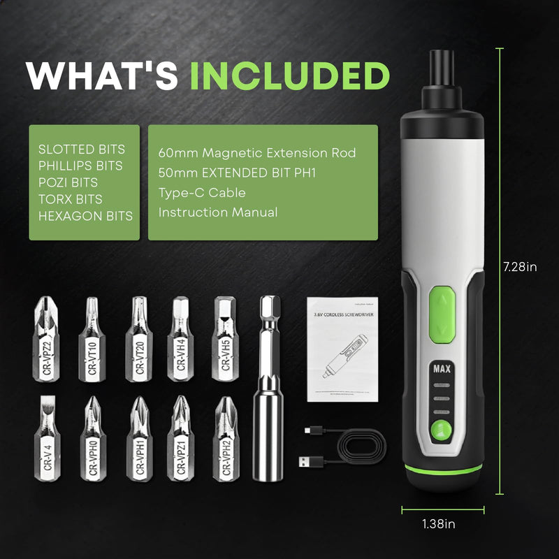 Electric Screwdriver Cordless Power Screwdrivers Set Tool Kit 10 Bits 3 Torque Settings LED Work Light Rechargeable for Furniture Bike Repair Tool 10 Bits No Case