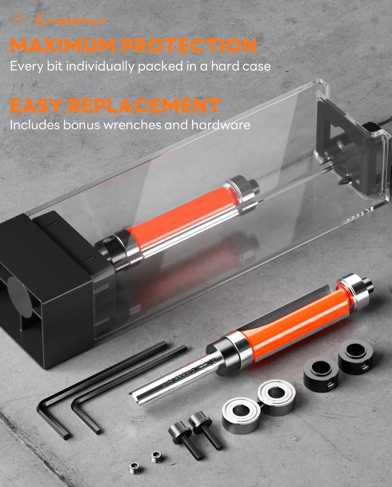 Crosstar 4Pcs Flush Trim Router Bit Set 1/4" Shank, Top & Bottom Bearing, Carbide Template Guide Bits for Woodworking - 1/2" Diameter, 3/4", 1", 1-1/4", 1-1/2" Cutting Length with Wrenches & Bearings