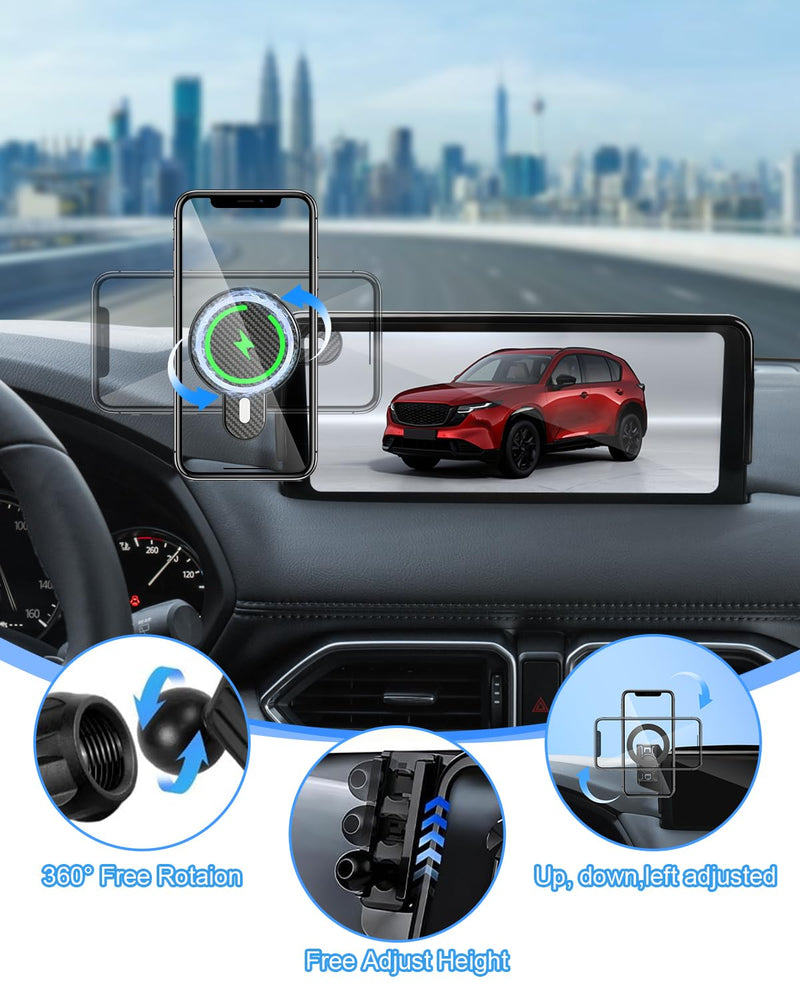PZK Car Phone Holder for Mazda CX-5 2021-2025 Accessories 10.25-Inch Screen | Magnetic 15W Fast Wireless Charging Car Phone Mount Magsafe with Sunglasses Storage Box 360° Rotation Hands-Free CX5 CX-5 2021-2025 Magsafe+ Wireless Charging