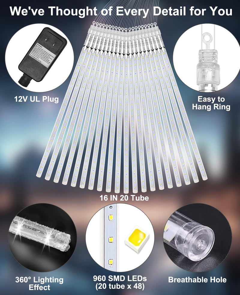 Christmas Lights Outdoor 16 Inch 20 Tubes Meteor Shower Rain Light, Waterproof Falling Icicle String Lighting for Xmas Tree Yard House Decor,Shine White Shine White 16 IN 20 Tube