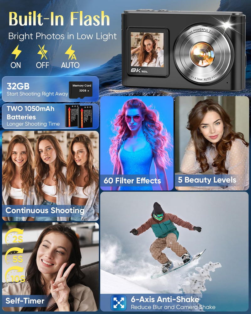 8K Digital Camera for Photography,96MP WiFi Dual Screens Vlogging Camera | Autofocus,16X Zoom,Anti-Shake,Compact Point and Shoot Camera for Teens,Beginners,Travel,32GB Card,2 Batteries Black