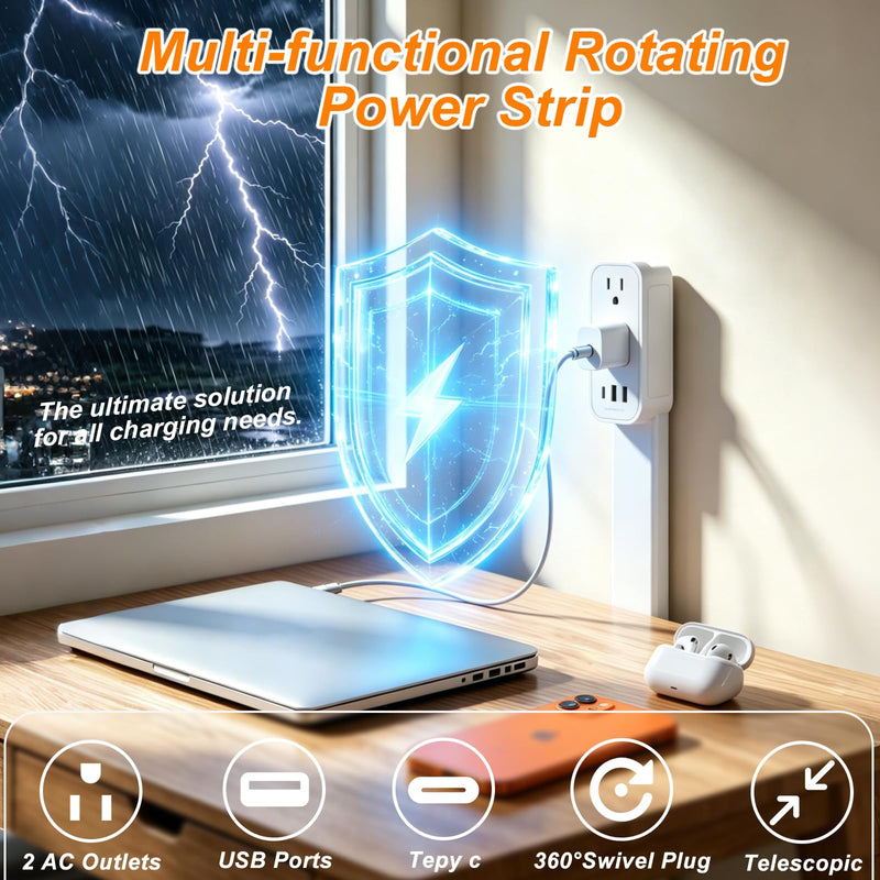 Outlet Extender Stick - Features USB-A, USB-C and 2 AC Outlets, Extends 17.5"-29.1", Rotates 360° Access Hard-to-Reach Outlets, Wall Plug Power Socket Expander Nightstands, Sofa, Desks and More Grey White