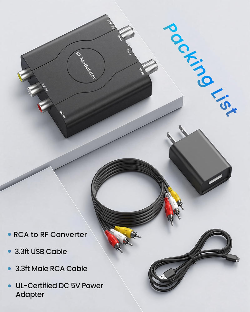 RF Modulator for TV, RCA to RF Coaxial Adapter with 3.3ft RCA Cable | Channel 3/4 Switch for VHS/VCR/DVD Players Game Consoles, Converts AV Composite Video to Analog NTSC (Dark Grey) Dark Grey