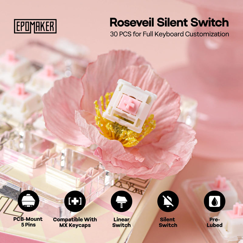 EPOMAKER Roseveil Silent Keyboard Switch for Mechanical Gaming Keyboard, 30PCS, 5-pin, 32gf, Pre-Lubed, Linear Silent, PC Case, LY Stem, Compatible with MX Keycaps (Roseveil Silent)