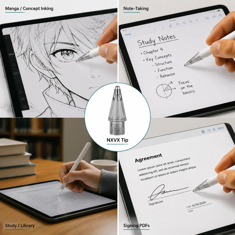 NXVX Replacement Tips for Apple Pencil, Bullet Tip, 6-Pack, Grey | Smooth-glide pointed nib for glass and screen protectors, durable metal, fits all generations, see-through storage case M11 6-Pack Bullet Tip Engineered Grey
