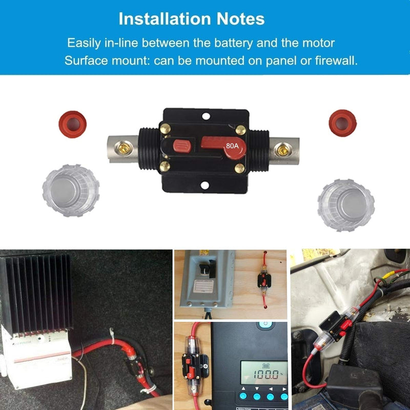 30A 40A 50A 60A 80A 100A 150A Audio Circuit Breaker Auto Car Stereo Inline Fuse Holders Inverter, Manual Reset 12V-24V DC for Automotive Marine Boat Audio System Protection (80A) WA80A
