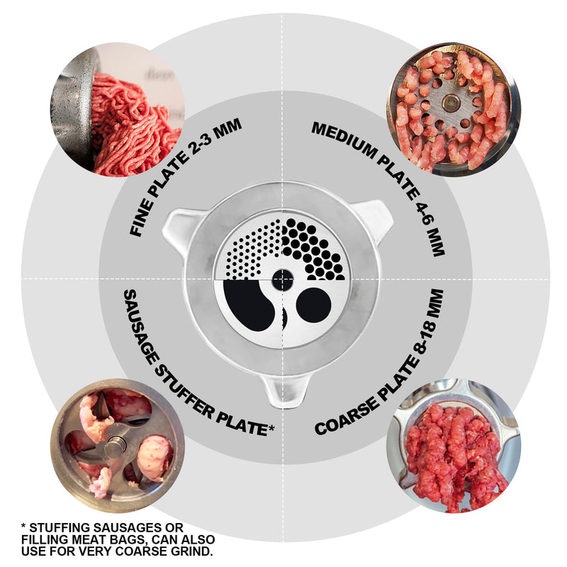 #12 Stainless Steel Grinder Plate Assortment comes with 4 stainless steel grinder plates and 2 stainless steel knives. Blade Set