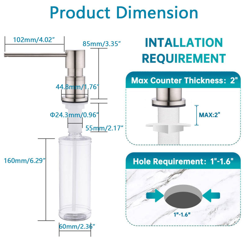  [AUSTRALIA] - EKRTE Sink Soap Dispensers,Brass Commercial Kitchen Soap Dispenser Liquid Lotion Dish Dispenser Built in Soap Dispenser Brushed Nickel Bathroom Soap Dispensers Pump, Refill from The Top Bottle