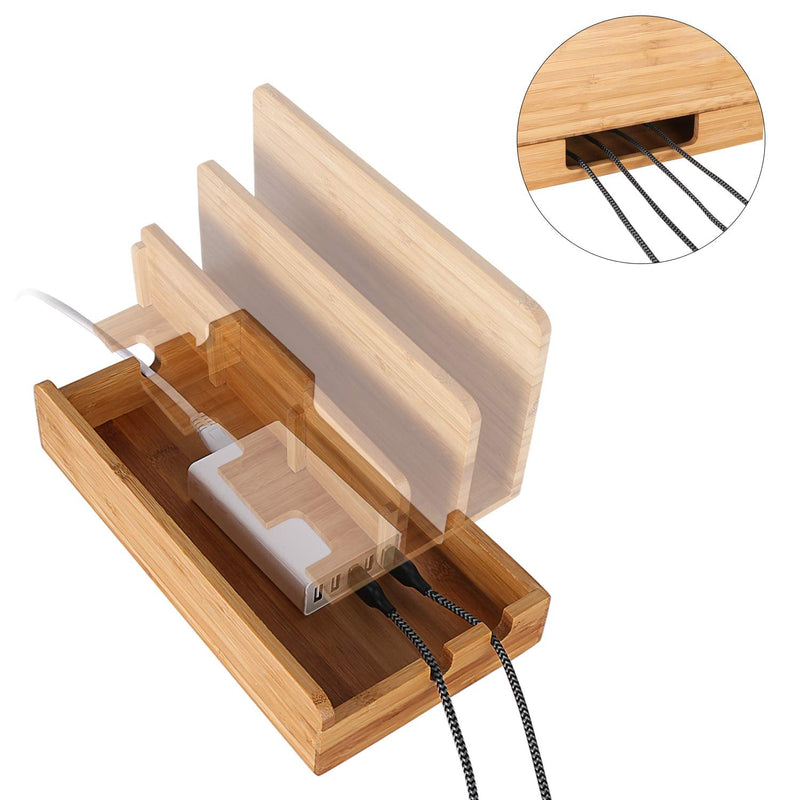 Bamboo Wood Multi-Device Desktop Charging Dock Station Charger Holder Cradle Stand Compatible for iPhone 16 15 14 13 12 11 Pro Max iPad mini Pro Air Laptop Tablets Samsung LG Sony Smartphones Large