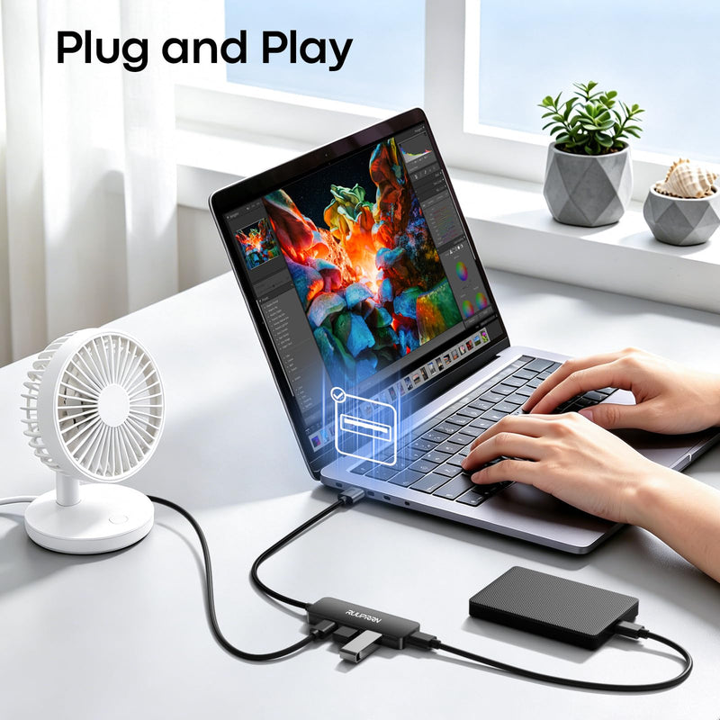 USB 3.0 Hub, 4-Port USB-A Splitter, 5Gbps High-Speed Data Adapter, Plug & Play USB Extender Hub for Laptop, PC, Desktop, Keyboard, Mouse, Flash Drive, External HDD, Printer, 1FT