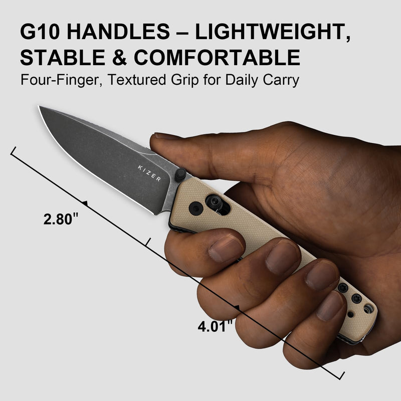 Kizer Aegis EDC Pocket Knife, 2.8" D2 Steel Drop Point Folding Knife with Sand G10 Handle, Thumb Stud Opener Clutch Lock, Pocket Knives for Camping Hiking V3774M1 D2 Steel+Sand G10 Handle
