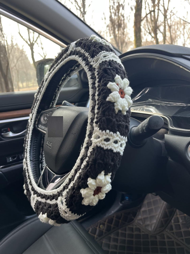 Daisy Crochet Steering Wheel Cover,Cute Seat Belt Cover,Women car Accessories (Black Steering Wheel Cover) Black Steering Wheel Cover