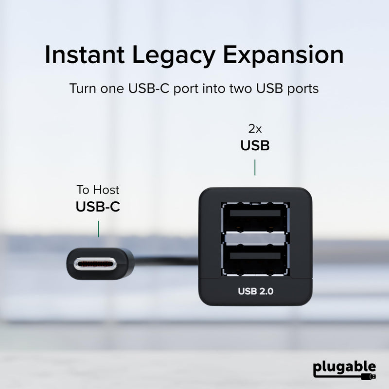 Plugable USB-C to Dual USB-A 2.0 Splitter, 2-Port Hub for USB-C Laptops: Keyboard, Mouse, Flash Drive, 480Mbps Data-Only, Plug-and-Play, 30cm Cable for Mac, Windows, ChromeOS, Linux (USBC-2PORT)