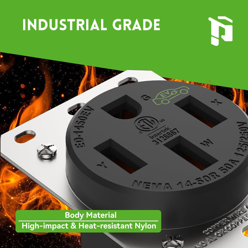 PLUGTUL NEMA 14-50R Outlet - 50AMP EV Charging Receptacle with Wall Plate, Straight Blade, Industrial Grade, 3-Pole 4-Wire, 50A 125/250V, 14-50R, ETL Listed