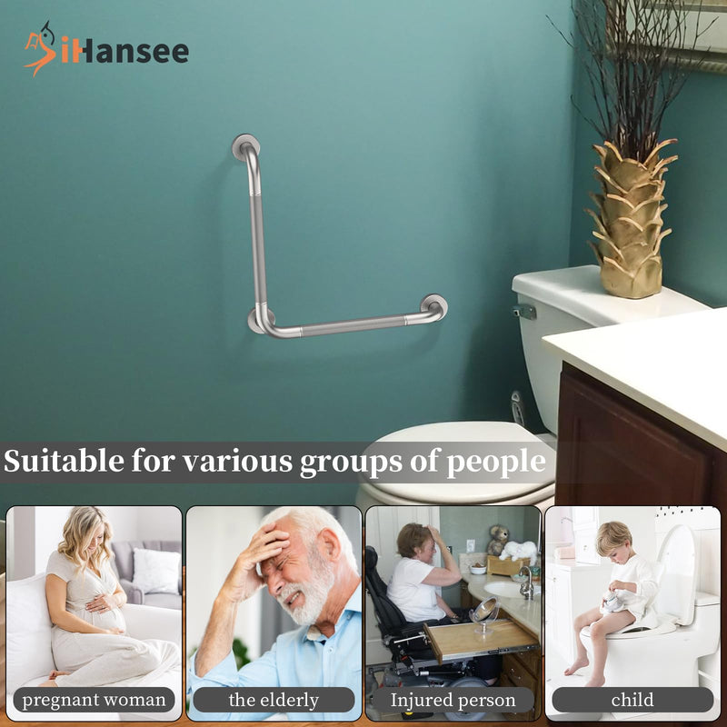 [AUSTRALIA] - Angled Grab Bar 16x16 Inch Stainless Steel Knurled Toilet Handles Wall Mounted Bathroom Handicap Safety Rails for Elderly Injured Balance Support, L-Shaped Brushed Nickel Grab Bar for Shower