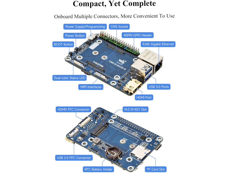 Mini Base Board (B) Compatible with Raspberry Pi Compute Module 5, Onboard EEPROM and Encryption Chip, Compact Design with 4xUSB, Color-Coded 40PIN GPIO Header, 2xMIPI, M.2 M Key PCIe Interfaces,etc