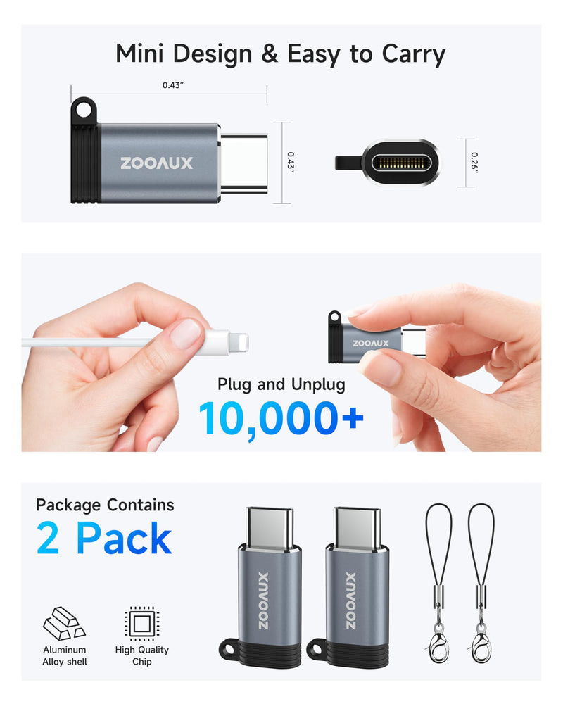 ZOOAUX 2 Pack Lightning to USB C Adapter, USBC to Lightning Charger Adapter Converter for iPhone 15/15 Plus/15 Pro Max, iPad, Support Charging & Data Transfer, Not for Audio/OTG 2 Pack - Lightning to USB C Grey