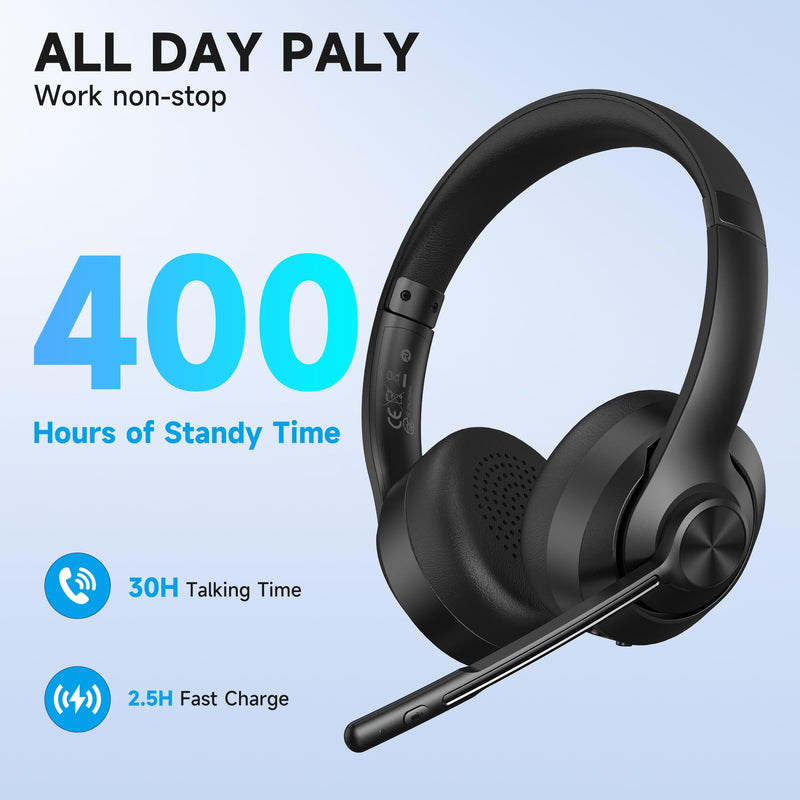 AOC Wireless Headset with Mic for Work, Bluetooth 5.4 Computer Headphones. | with USB-A Dongle, Clear Call Mic, 30H Battery, One-Touch Mute, Great for PC, Laptop, Home Office, Zoom, Phones - Black