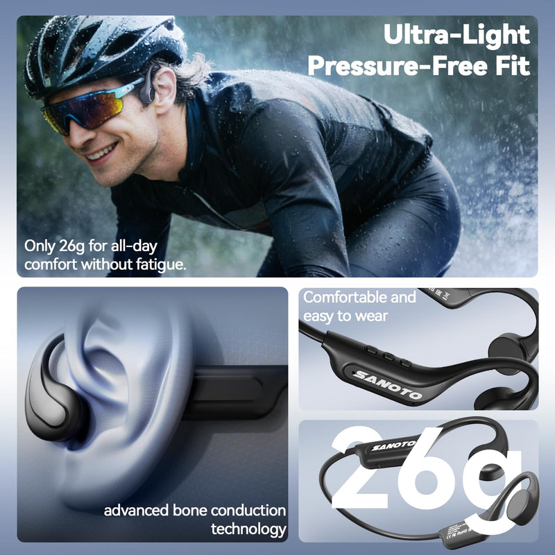 MONODEAL Bone Conduction Headphones Open Ear Bluetooth Running 10H | EQ Mode Switching Lightweight Bone Conduction Earbuds IP65 Waterproof Dark black