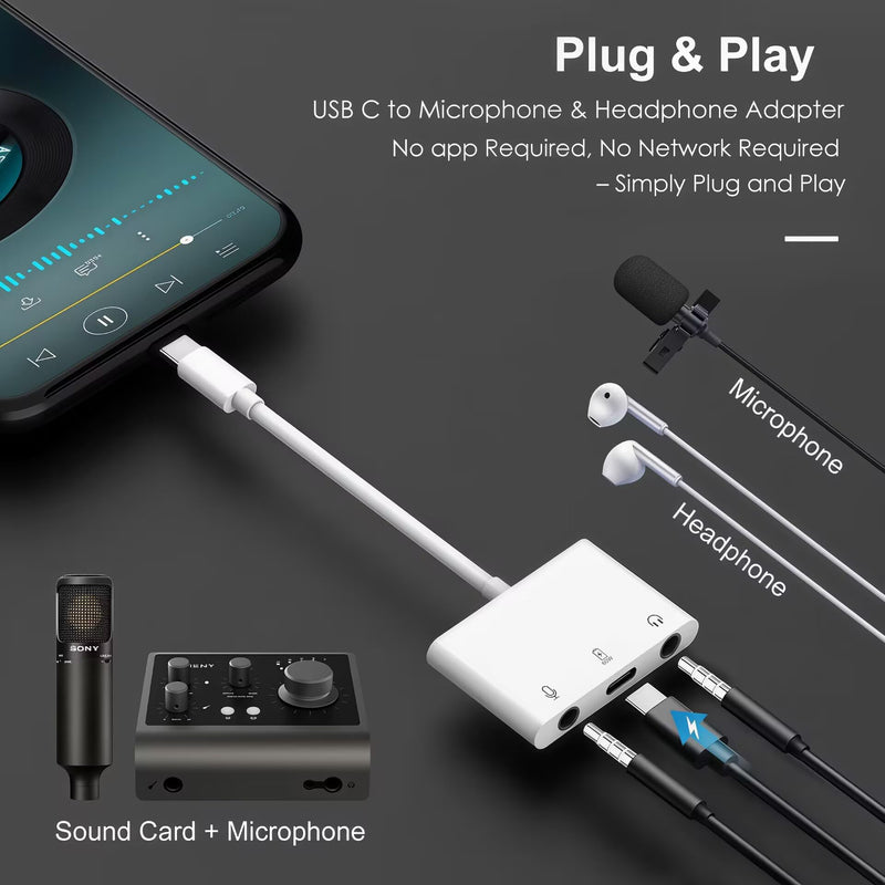 USB C to Microphone & 3.5mm Headphone Adapter with PD Fast Charging for Live-Streaming, 3-in-1 Aux to USB C Audio & MIC Splitter Compatible with iPhone 17/16/15, iPad Pro, Galaxy S26, and More