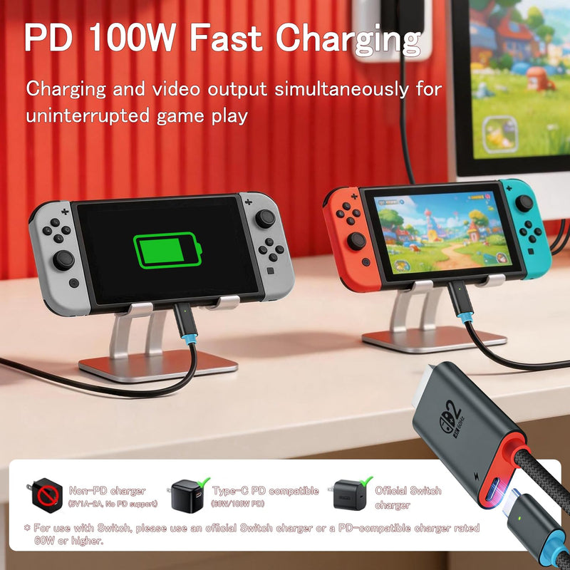 for Switch 2 Dock HDMI Adapter, 4K@60Hz TV Output, PD 100W USB-C Fast Charging, Type-C to HDMI Cable Compatible with Switch 2/OLED/Steam Deck/ROG Ally/Laptops/Phones 6.6FT