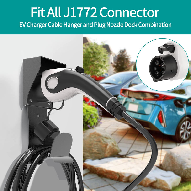 EV Charger Holder Wall Mount J1772 Holder, No Cable Cutting, Outdoor/Indoor, EV Cable Holder and Electric Car Plug Nozzle Holster Dock Combination for SAE J1772 Connector EV Charger Holder