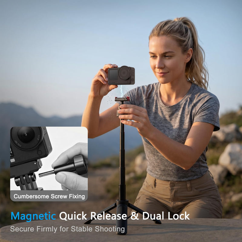 15.75'' Reinforced Selfie Stick Tripod for DJI Osmo Action 6/Nano | 3-Keel Enhanced Extendable Tripod, N55 Magnetic Mount, Ultra Light Portable Vlogging Pole Handle Grip for Travel Shooting