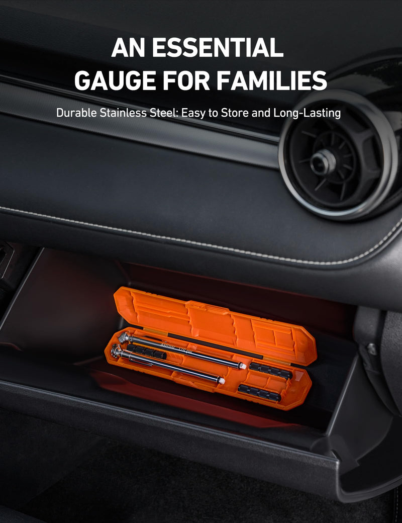AstroAI Pencil Tire Pressure Gauge 2 Pack (10-75PSI, 10-120PSI ±2% Span), Valve Caps with Case, Stainless Steel Body, and Metal Made Nozzle 3 Measurements for Cars, Bikes, Vehicles, Pickups Standard Orange