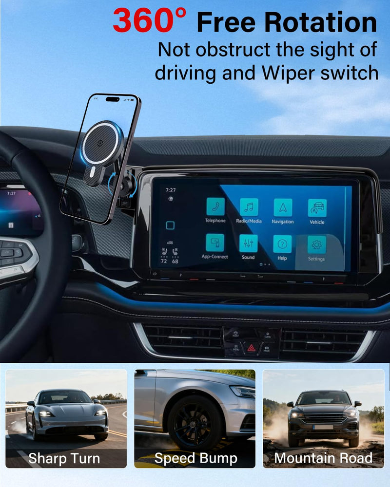 PZK Car Phone Mount for 2024-2026 VW/Volkswagen Atlas/Altas Cross Sport | SE/SEL/Premium R-Line /R-Line 12-inch Screen Magnetic 15W Fast Wireless Charger Phone Holder 360° Rotating Extension Rod With Extension Rod Magsafe+ Wireless Charger