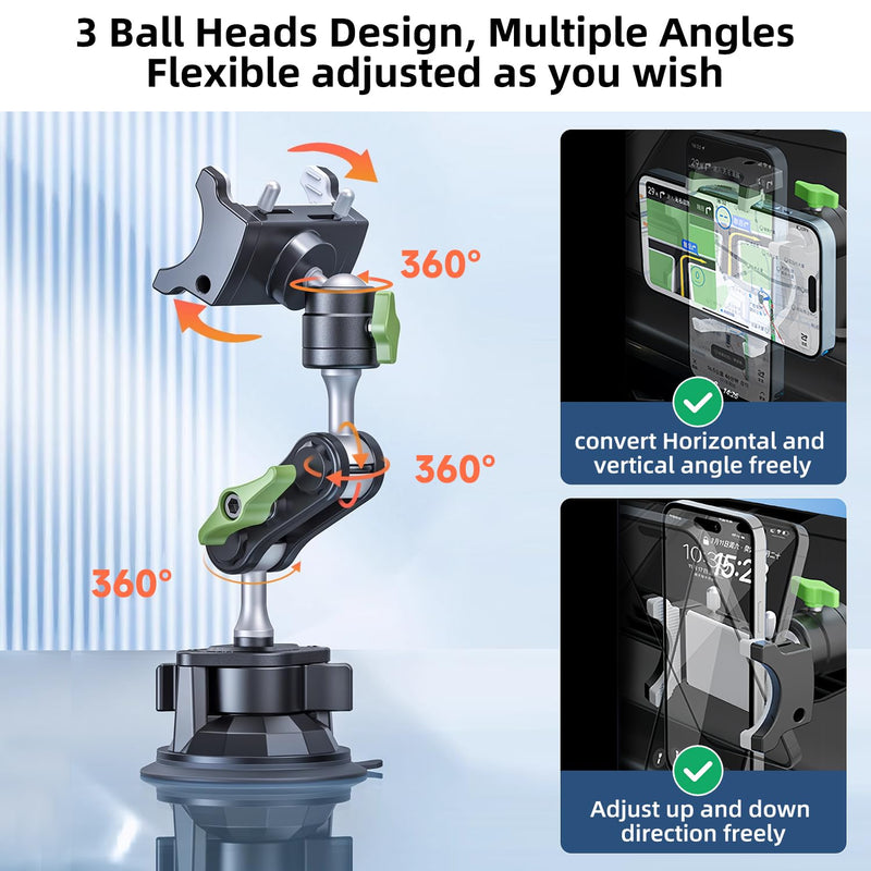 HEMMOTOP Suction Cup Car Phone Holder, 12in, Metal | Vibration Resistance, Heavy Duty, 360° Rotation, Strong Suction for Windshield, for iPhone All Smartphone & Cars Truck Clamp