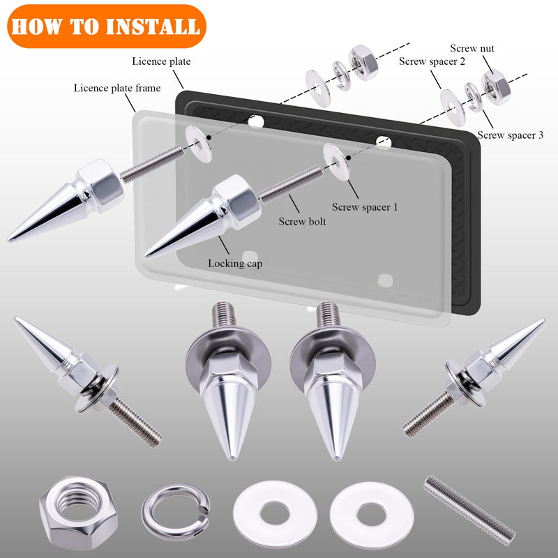 4Pcs Spike License Plate Screw Fasteners Kit, Decorative Anti-Theft Stainless Steel & Aluminum Alloy Frame Bolts Fits Most Vehicles, Trucks, and Motorcycles(Silver) 4 pcs Spike - Silver
