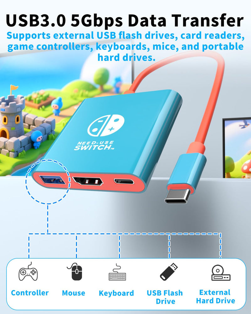 Docking Station for Switch 2, TV Dock with 4K/60Hz HDMI, 100W PD, USB 3.0 Port, TV Adapter, Travel Docking Station Compatible with Nintend0 Switch 2 / Switch/OLED/Steam Deck/Laptop/Phone Blue