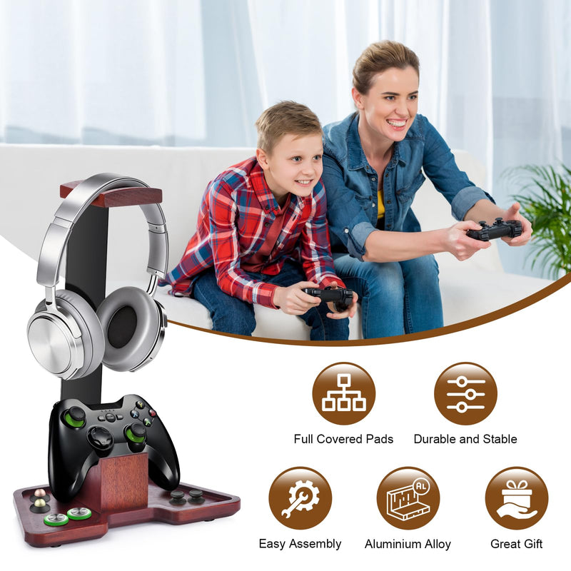 Headphone Holder Stand for Desk, Wood and Metal Headset Hanger Mount Hook Gaming Holder Desktop Earphone Artful Functional Craftsmanship Stand for All Headsets with Solid Wooden Base 2 in 1