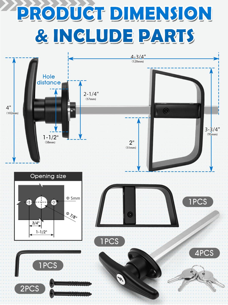Shed Door T-Handle Lock Latch Kit with 4 Keys, Shed Barn Coop Storage Door T-Lock Set, Adjustable 4-3/4" Stem, Heavy-Duty Zinc Alloy, Black Powder Coated Left Lock - 1pack Lock 4-3/4"