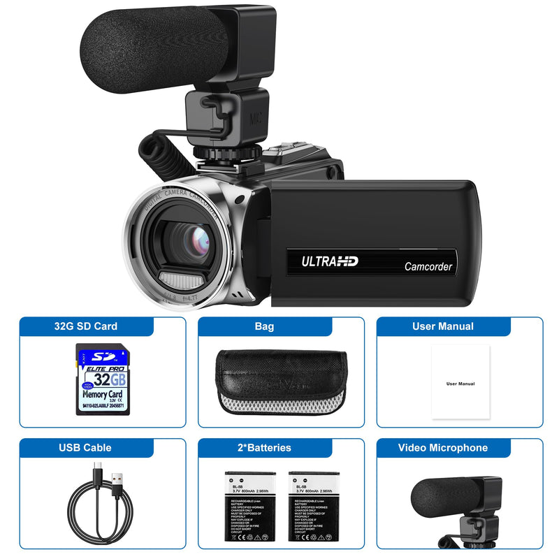 Video Camera Camcorder Digital Camera Recorder for YouTube Full HD 1080P 30FPS 36MP 3.0" 270゜Rotation LCD Video Cameras for Filming with Microphone,32GB SD Card, 2 Batteries for Kids Students Elderly