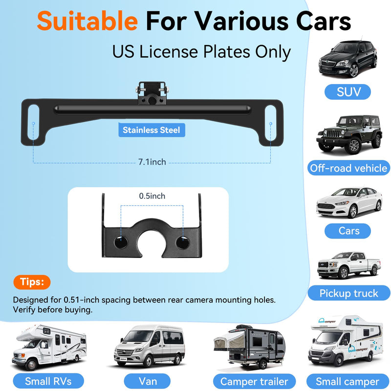 Universal Rear View Camera License Plate Bracket, Upgraded Anti-Rust Paint Full Stainless Steel Backup Camera License Plate Mount , No-Drill & Adjustable for Easy Installation