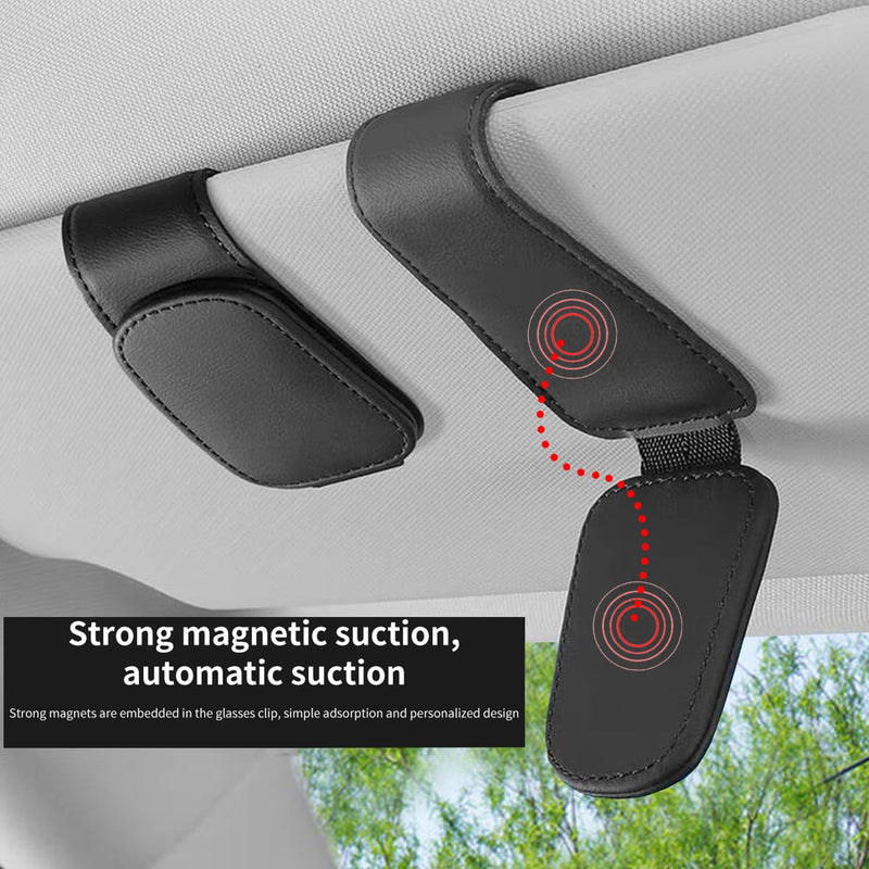Magnetic Leather Sunglass Holder for Car, Sunglasses Clip for Car Visor, Auto Interior Accessories Universal for Different Size Eyeglasses (Black) black