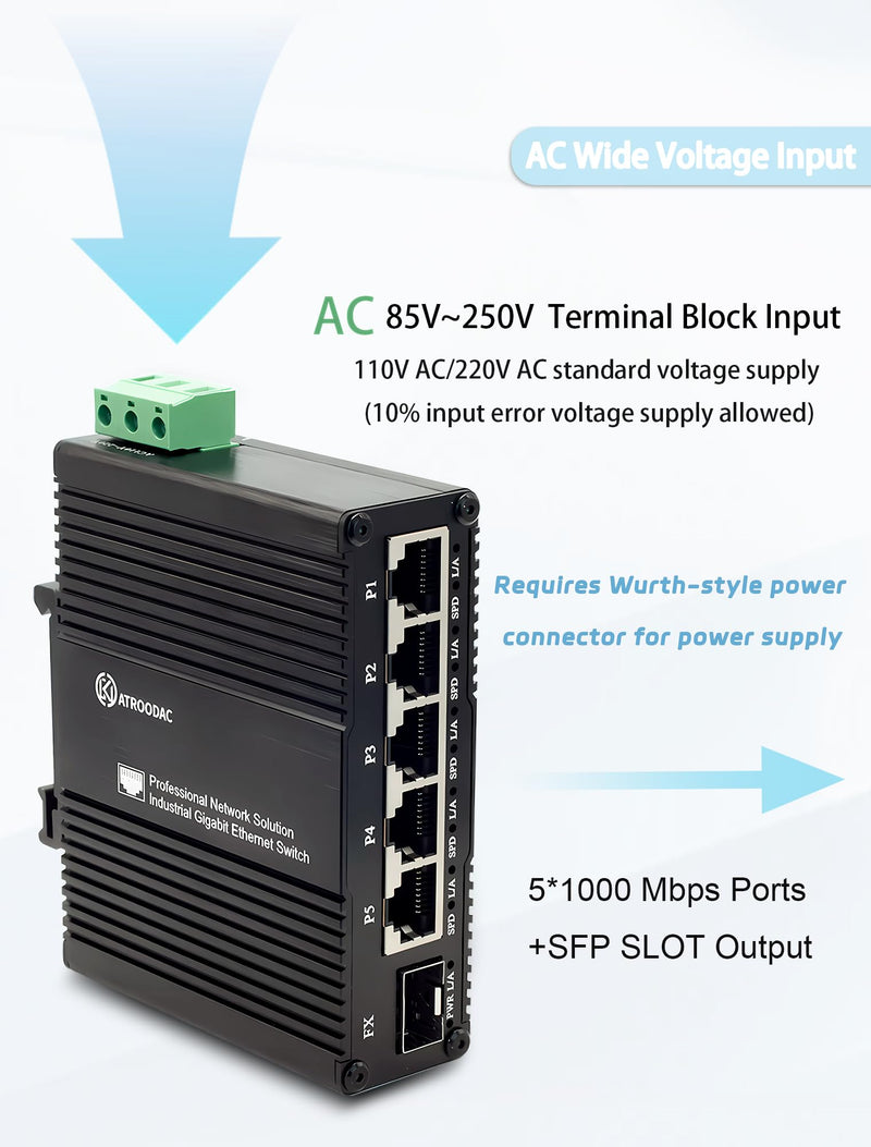 Mini AC Power Supply 5 Port Gigabit Switch with SFP Slot Din Rail Fanless Industrial Unmanaged Ethernet Switch 5*1000Mbps RJ45 Port +1G SFP Fiber Port Support Network Switch AC 85~250V Input AC Power 5-Port Switch
